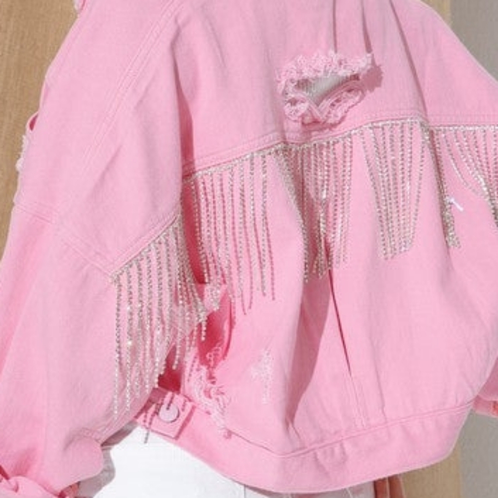 Womens Ripped Rhinestone Fringe Crop Denim Jacket - Picture 7 of 7